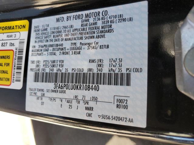 3FA6P0LU0KR108440 - 2019 FORD FUSION SE BLACK photo 12