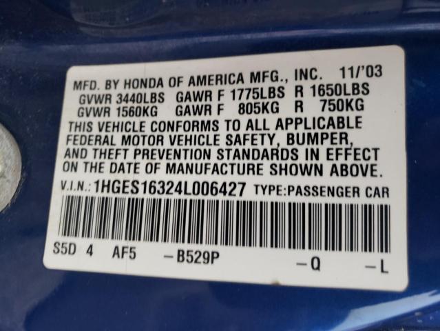 1HGES16324L006427 - 2004 HONDA CIVIC DX VP BLUE photo 12