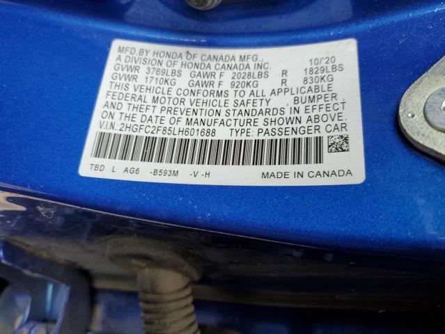 2HGFC2F85LH601688 - 2020 HONDA CIVIC SPORT BLUE photo 13