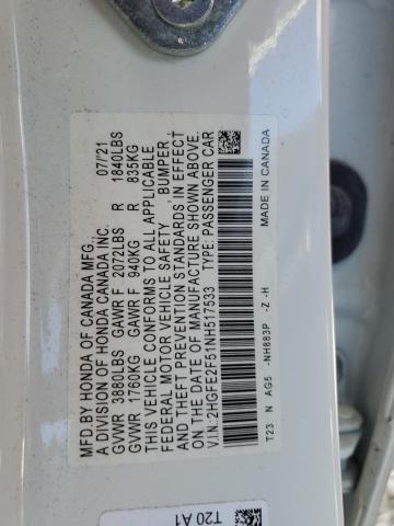 2HGFE2F51NH517533 - 2022 HONDA CIVIC SPORT WHITE photo 12