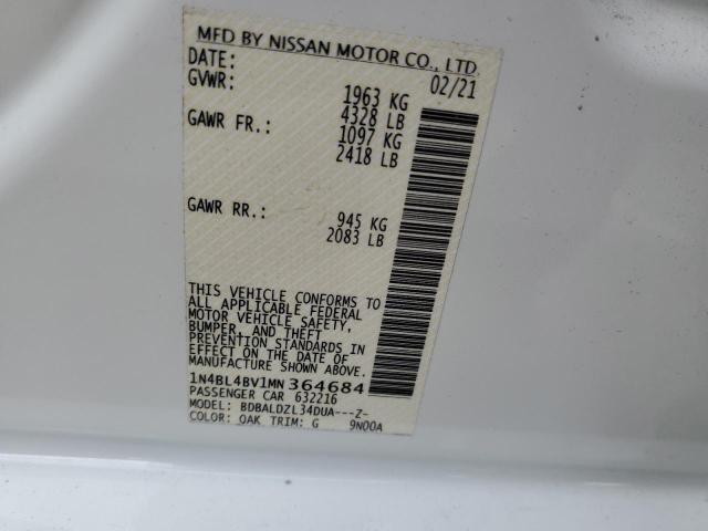 1N4BL4BV1MN364684 - 2021 NISSAN ALTIMA S WHITE photo 12