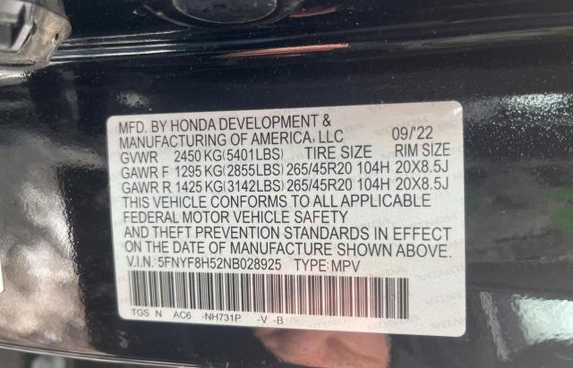 5FNYF8H52NB028925 - 2022 HONDA PASSPORT EXL შავი ფოტო 10