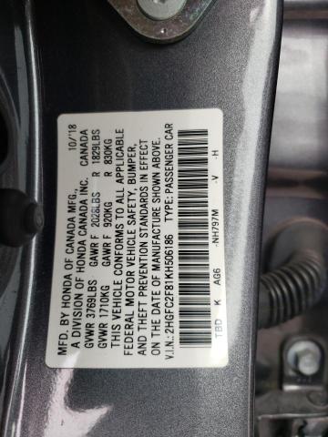 2HGFC2F81KH506186 - 2019 HONDA CIVIC SPORT 灰色 照片 12