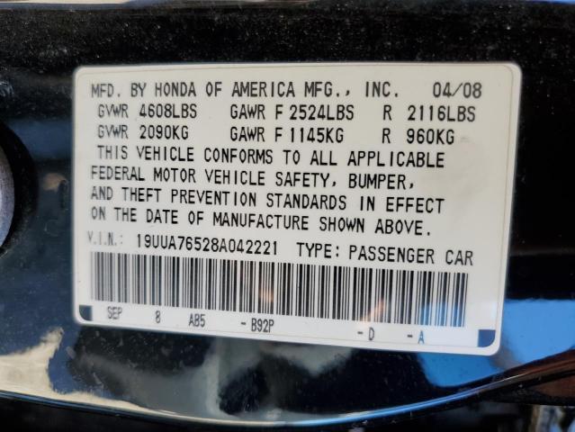 19UUA76528A042221 - 2008 ACURA TL TYPE S BLACK photo 12