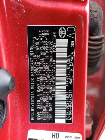 2T1BURHE3EC074348 - 2014 TOYOTA COROLLA L RED photo 12