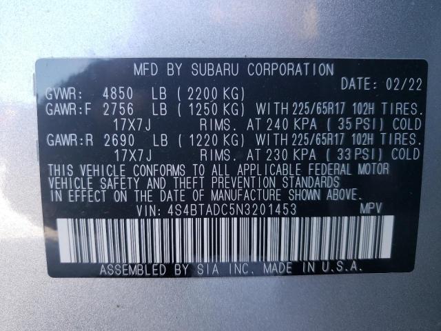 4S4BTADC5N3201453 - 2022 SUBARU OUTBACK PREMIUM SILVER photo 12