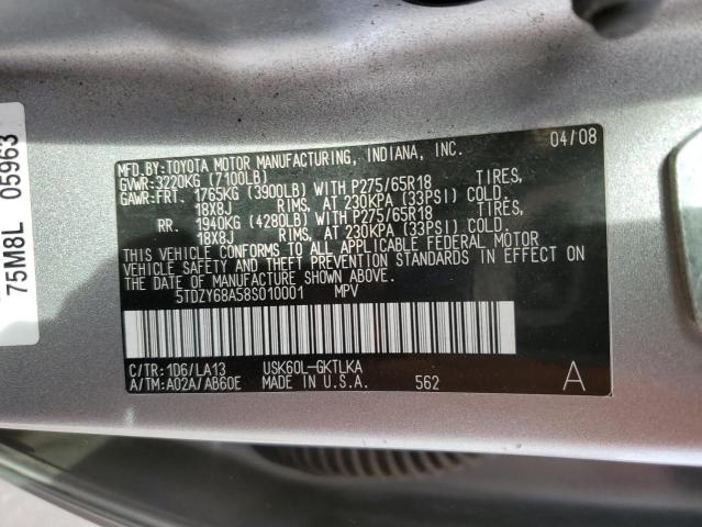 5TDZY68A58S010001 - 2008 TOYOTA SEQUOIA LIMITED SILVER photo 14