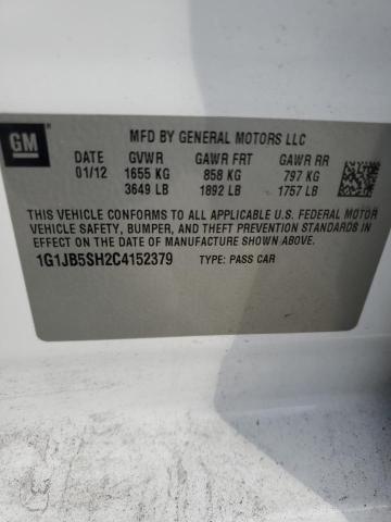 1G1JB5SH2C4152379 - 2012 CHEVROLET SONIC LS 白色 照片 12