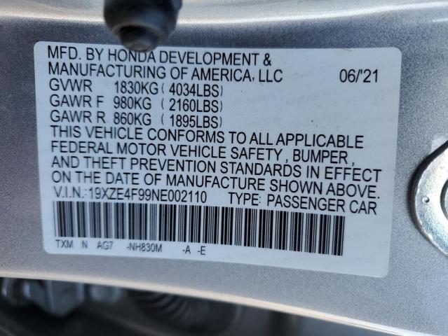 19XZE4F99NE002110 - 2022 HONDA INSIGHT TOURING SILVER photo 12