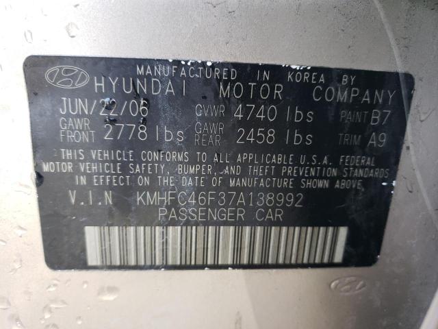 KMHFC46F37A138992 - 2007 HYUNDAI AZERA SE BEIGE photo 12