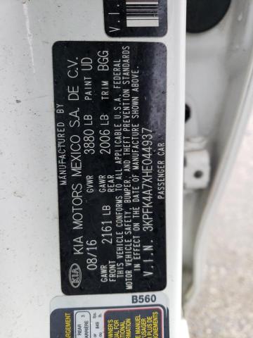 3KPFK4A7XHE044937 - 2017 KIA FORTE LX WHITE photo 12