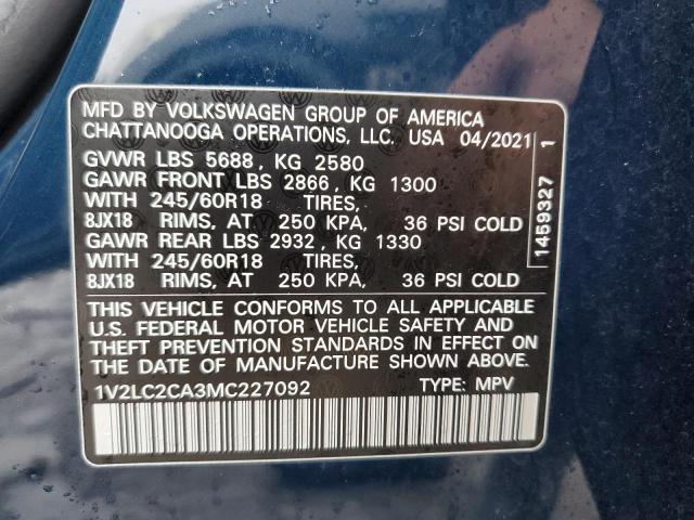 1V2LC2CA3MC227092 - 2021 VOLKSWAGEN ATLAS CROS SE BLUE photo 13