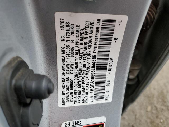 1HGFA16598L044686 - 2008 HONDA CIVIC LX SILVER photo 12