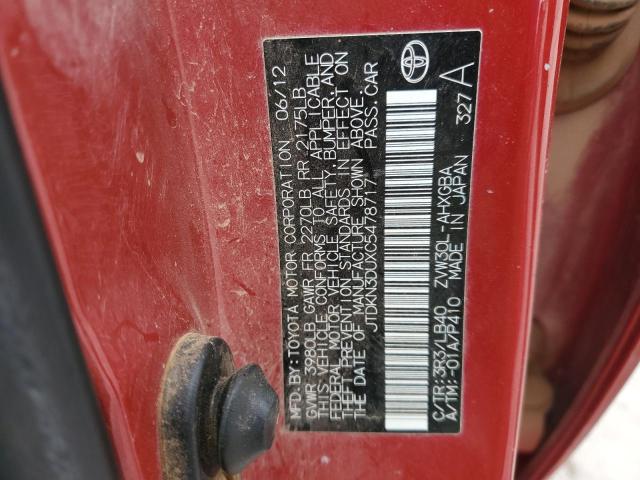 JTDKN3DUXC5478717 - 2011 TOYOTA PRIUS RED photo 12