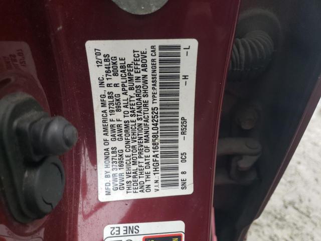 1HGFA16858L042525 - 2008 HONDA CIVIC EX BURGUNDY photo 12