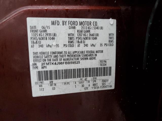 2FMTK4J98FBB59525 - 2015 FORD EDGE SEL MAROON photo 14