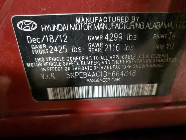 5NPEB4AC1DH664848 - 2013 HYUNDAI SONATA GLS RED photo 13