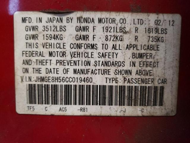 JHMGE8H56CC019460 - 2012 HONDA FIT SPORT RED photo 13