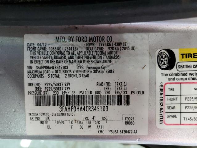 3FAHP0HA4CR345103 - 2012 FORD FUSION SE SILVER photo 12