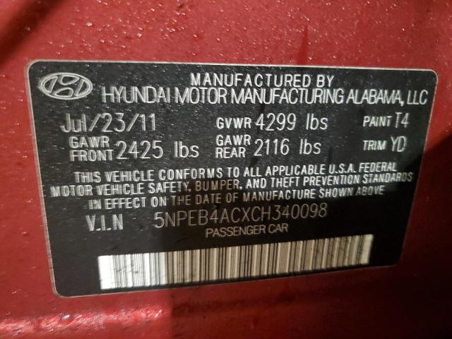 5NPEB4ACXCH340098 - 2012 HYUNDAI SONATA GLS RED photo 12