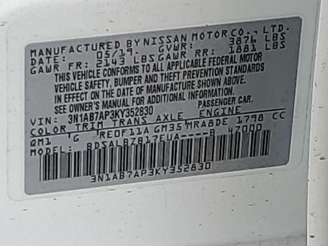 3N1AB7AP3KY352830 - 2019 NISSAN SENTRA S WHITE photo 12