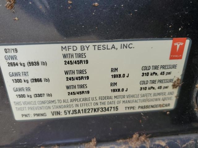 5YJSA1E27KF334715 - 2019 TESLA MODEL S GRAY photo 12