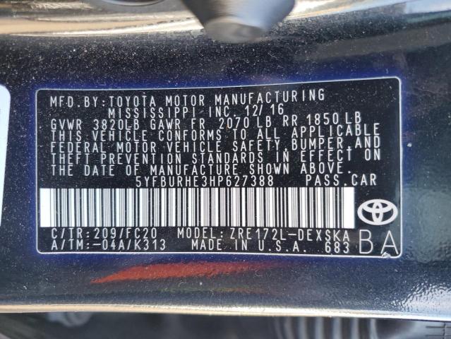 5YFBURHE3HP627388 - 2017 TOYOTA COROLLA L BLACK photo 12