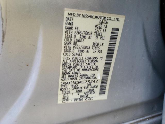 1N6AA07B16N575242 - 2006 NISSAN TITAN XE SILVER photo 12