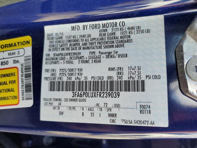 3FA6P0LUXFR239039 - 2015 FORD FUSION SE HYBRID BLUE photo 12