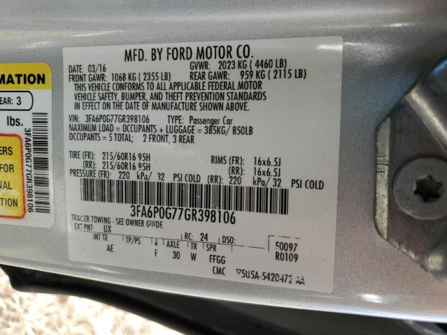 3FA6P0G77GR398106 - 2016 FORD FUSION S SILVER photo 12