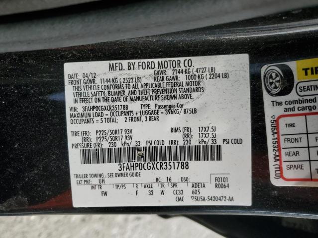 3FAHP0CGXCR351788 - 2012 FORD FUSION SEL BLACK photo 12