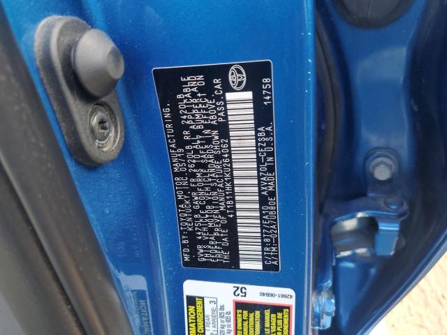 4T1B11HK1KU264062 - 2019 TOYOTA CAMRY L BLUE photo 12