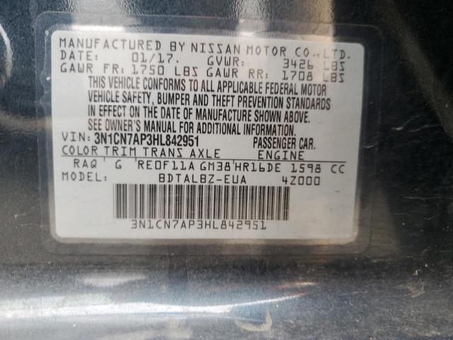 3N1CN7AP3HL842951 - 2017 NISSAN VERSA S BLUE photo 12