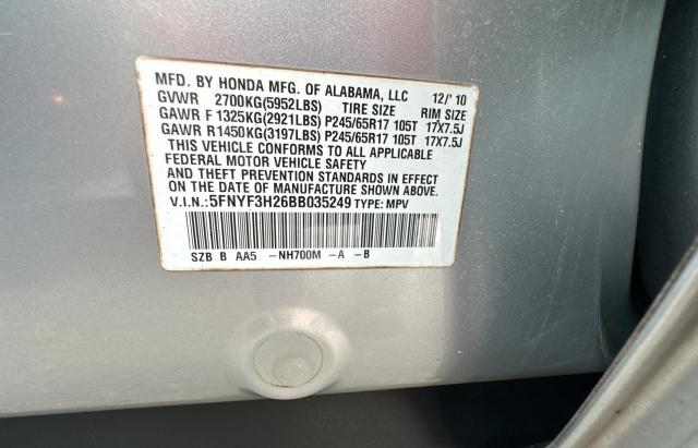 5FNYF3H26BB035249 - 2011 HONDA PILOT LX SILVER photo 10