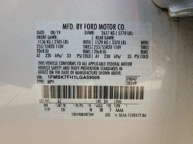 1FMSK7FH1LGA59008 - 2020 FORD EXPLORER LIMITED WHITE photo 13