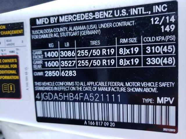 4JGDA5HB4FA521111 - 2015 MERCEDES-BENZ ML 350 4MATIC WHITE photo 14