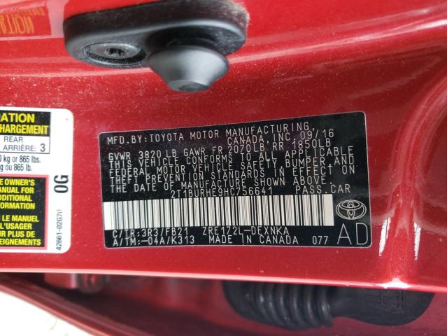 2T1BURHE9HC756641 - 2017 TOYOTA COROLLA L RED photo 12