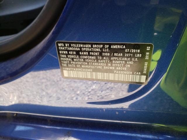 1VWDT7A3XHC002985 - 2017 VOLKSWAGEN PASSAT R-L Mavi foto 12