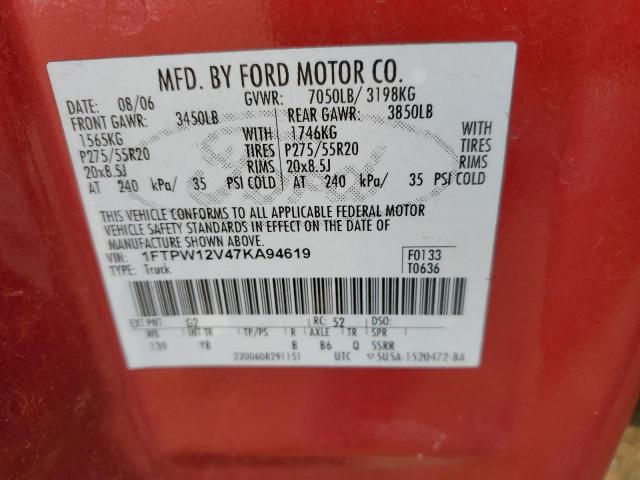 1FTPW12V47KA94619 - 2007 FORD F150 SUPERCREW BURGUNDY photo 12