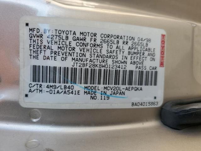 JT2BF28K8W0123412 - 1998 TOYOTA CAMRY LE GOLD photo 12