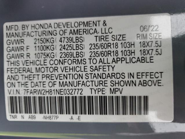 7FARW2H81NE032772 - 2022 HONDA CR-V EXL BLUE photo 14