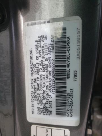 4T1BE32K92U622212 - 2002 TOYOTA CAMRY LE CHARCOAL photo 12