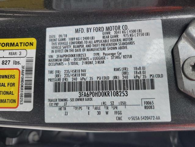 3FA6P0HD0KR108253 - 2019 FORD FUSION SE GRAY photo 12