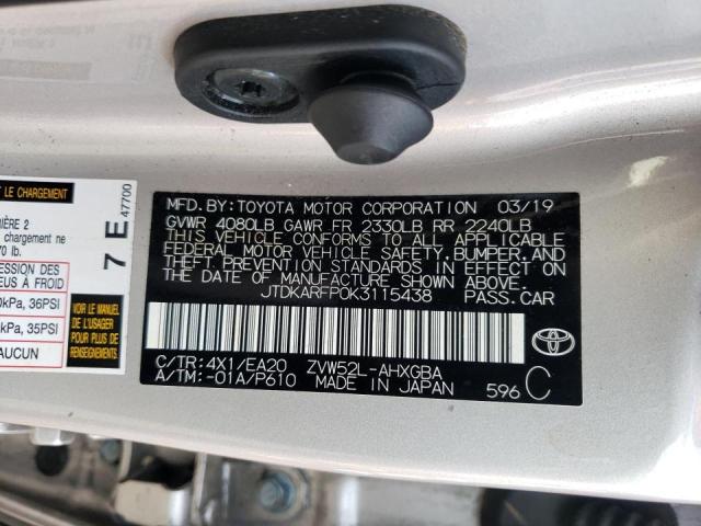 JTDKARFP0K3115438 - 2019 TOYOTA PRIUS PRIM 银色 照片 12