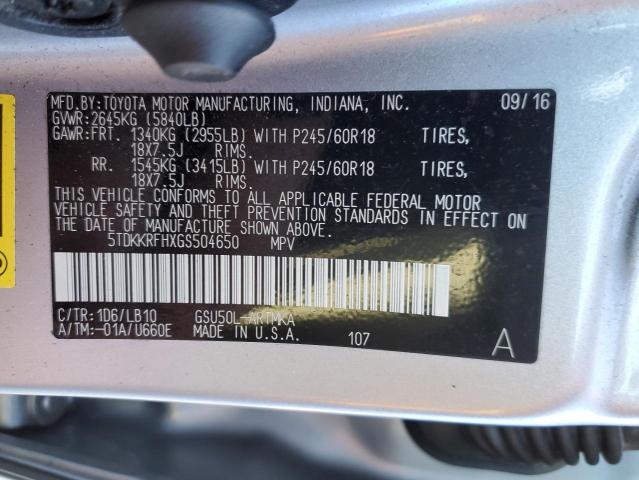 5TDKKRFHXGS504650 - 2016 TOYOTA HIGHLANDER XLE SILVER photo 13