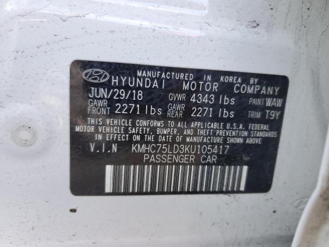 KMHC75LD3KU105417 - 2019 HYUNDAI IONIQ LIMITED WHITE photo 12