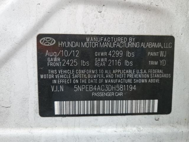 5NPEB4AC3DH581194 - 2013 HYUNDAI SONATA GLS WHITE photo 12