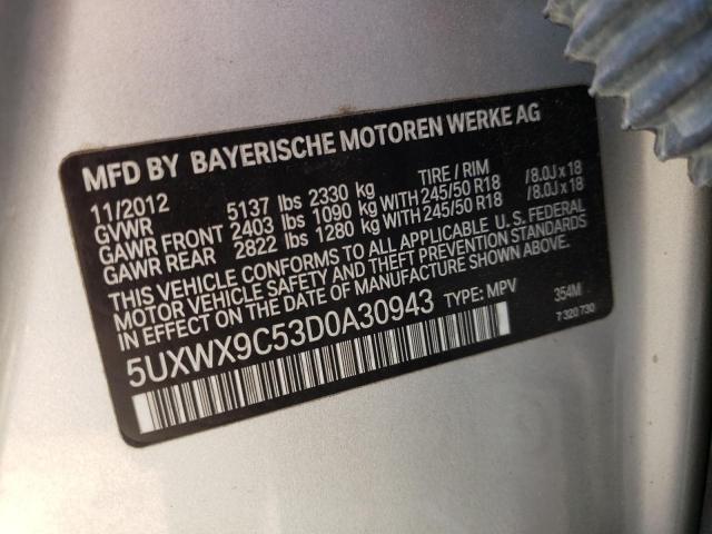 5UXWX9C53D0A30943 - 2013 BMW X3 XDRIVE28I SILVER photo 12