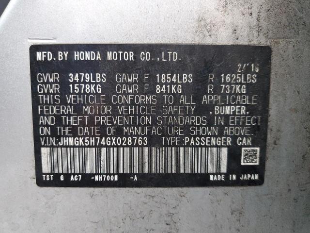 JHMGK5H74GX028763 - 2016 HONDA FIT EX SILVER photo 12