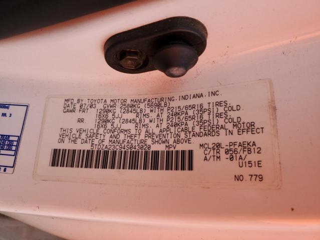 5TDZA23C94S043020 - 2004 TOYOTA SIENNA CE WHITE photo 13